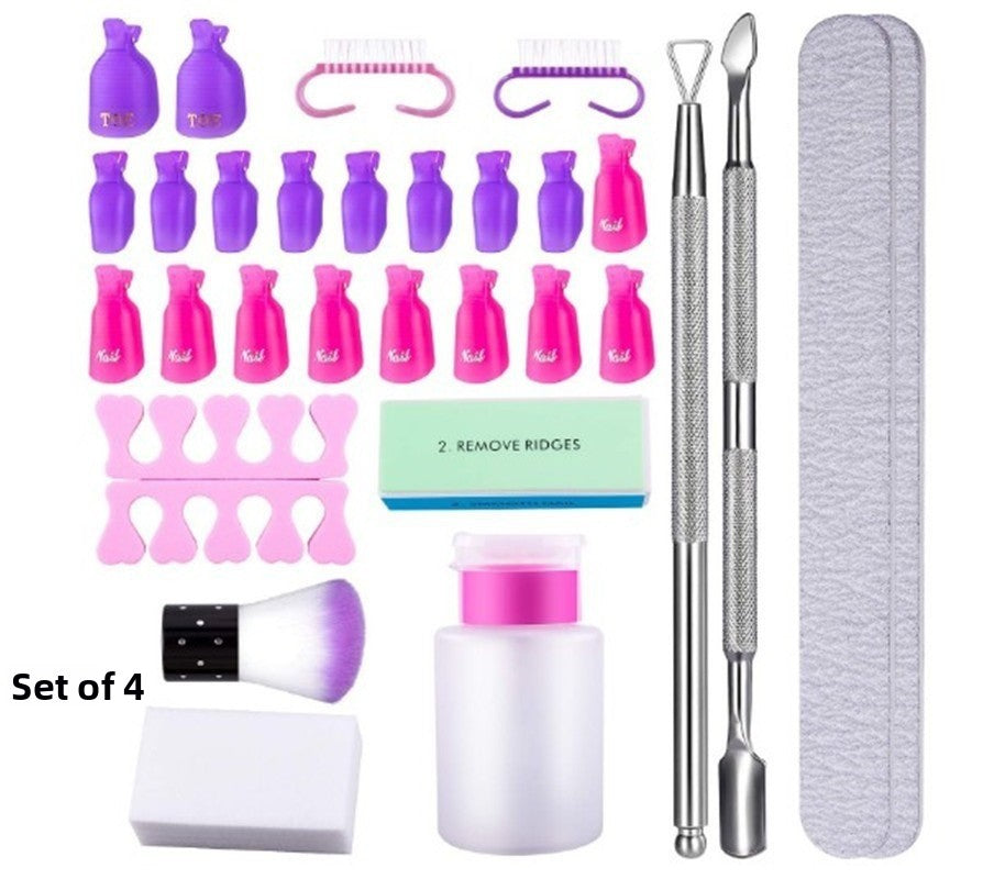 Kit nail art Set of 4 : flacons violets et roses, blocs blancs, limes et outils métal.