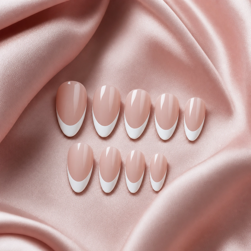 Almond French tip press-on nails with nude pink base and white tips, neat set