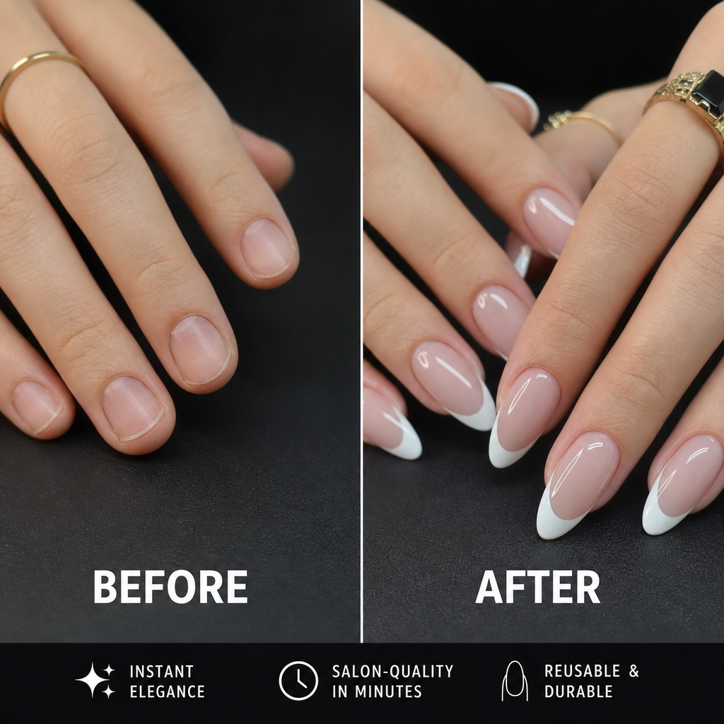 Before-and-after: nude-pink almond press-on nails with white tips, glossy finish