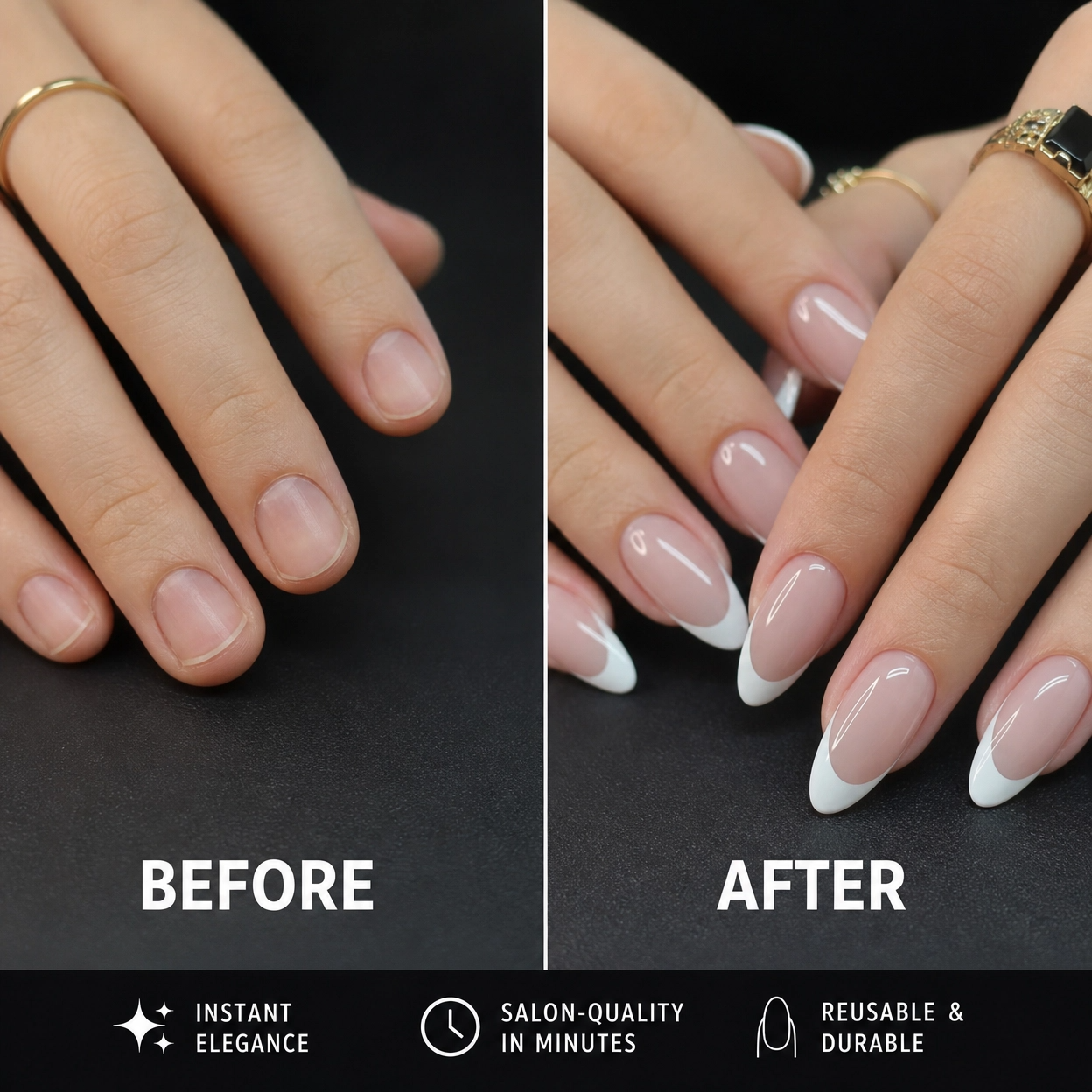 Before-and-after: nude-pink almond press-on nails with white tips, glossy finish