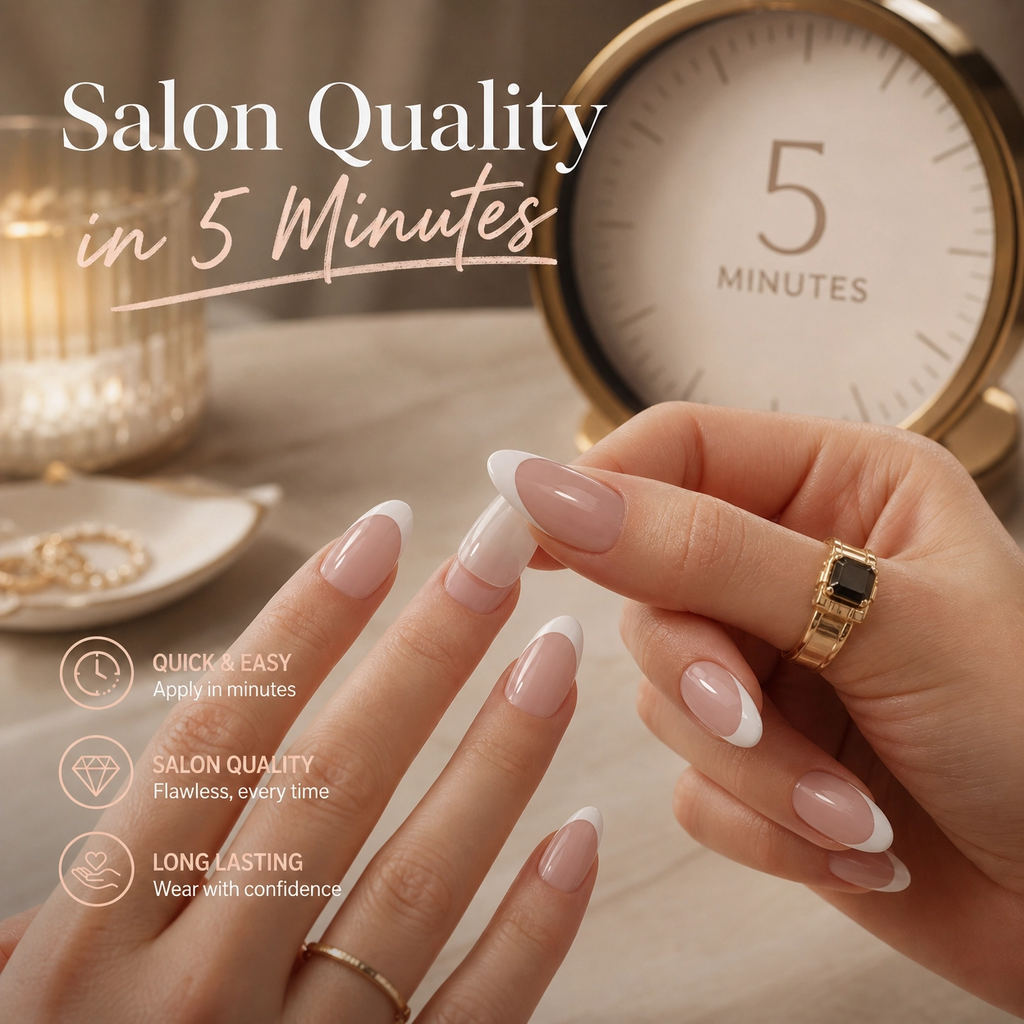 Almond French tip press-on nails, nude-pink base with white tips on hand