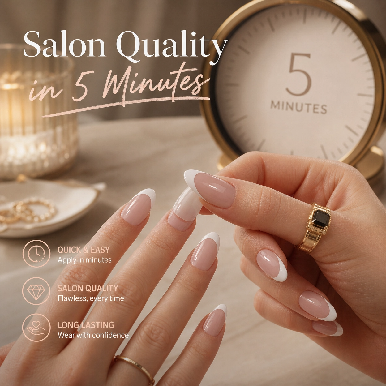 Almond French tip press-on nails, nude-pink base with white tips on hand