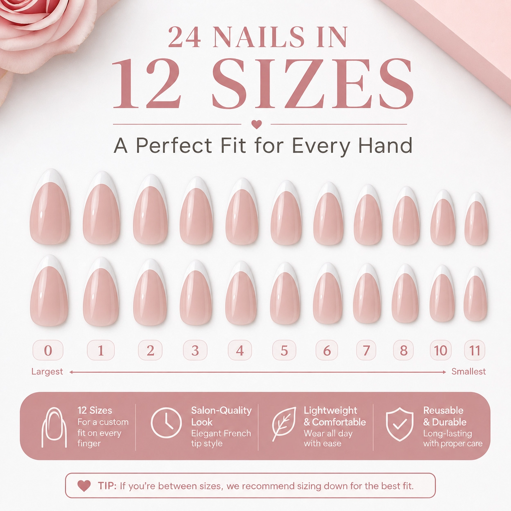 24-size range of almond French tip press-on nails, nude-pink with white tips