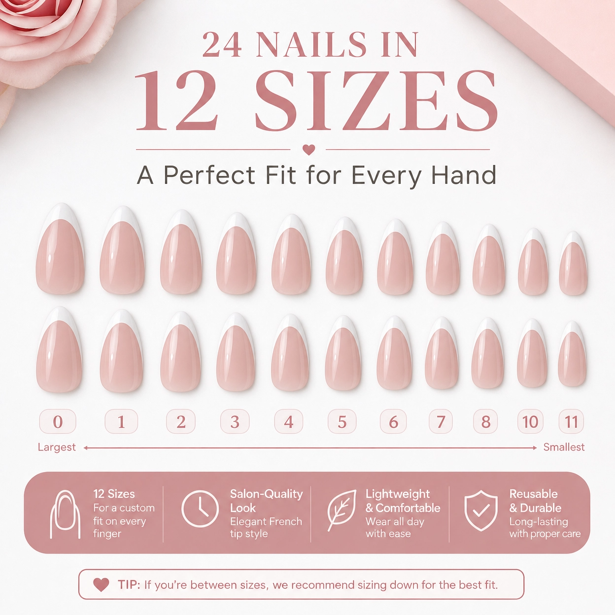24-size range of almond French tip press-on nails, nude-pink with white tips