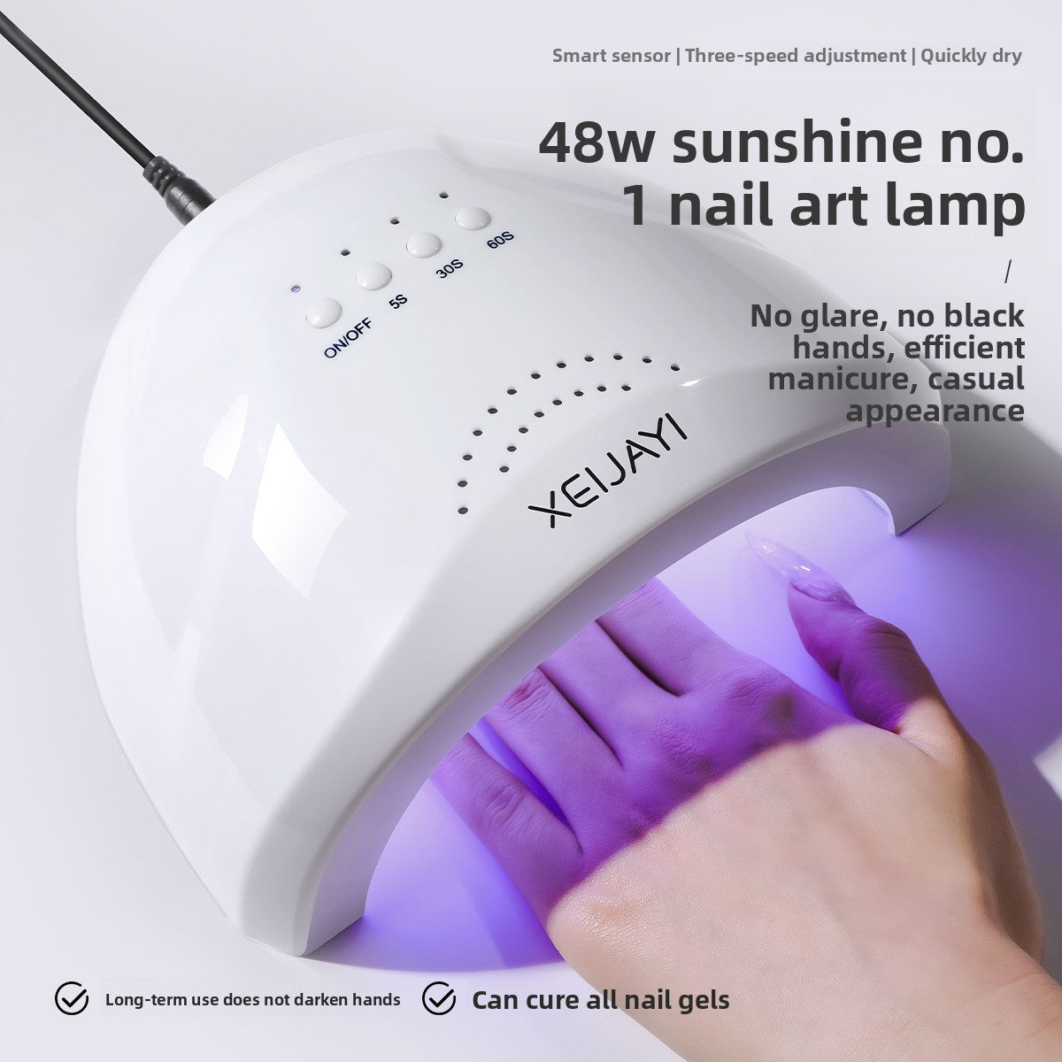 White UV/LED nail lamp with hand rest and timer buttons for 5s, 30s, 60s