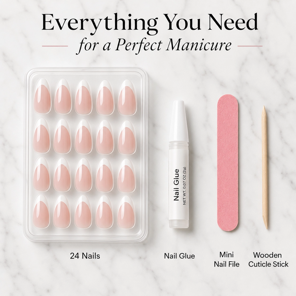 Almond French tip press-on kit items: nude-pink nails, nail glue, mini file, cuticle stick