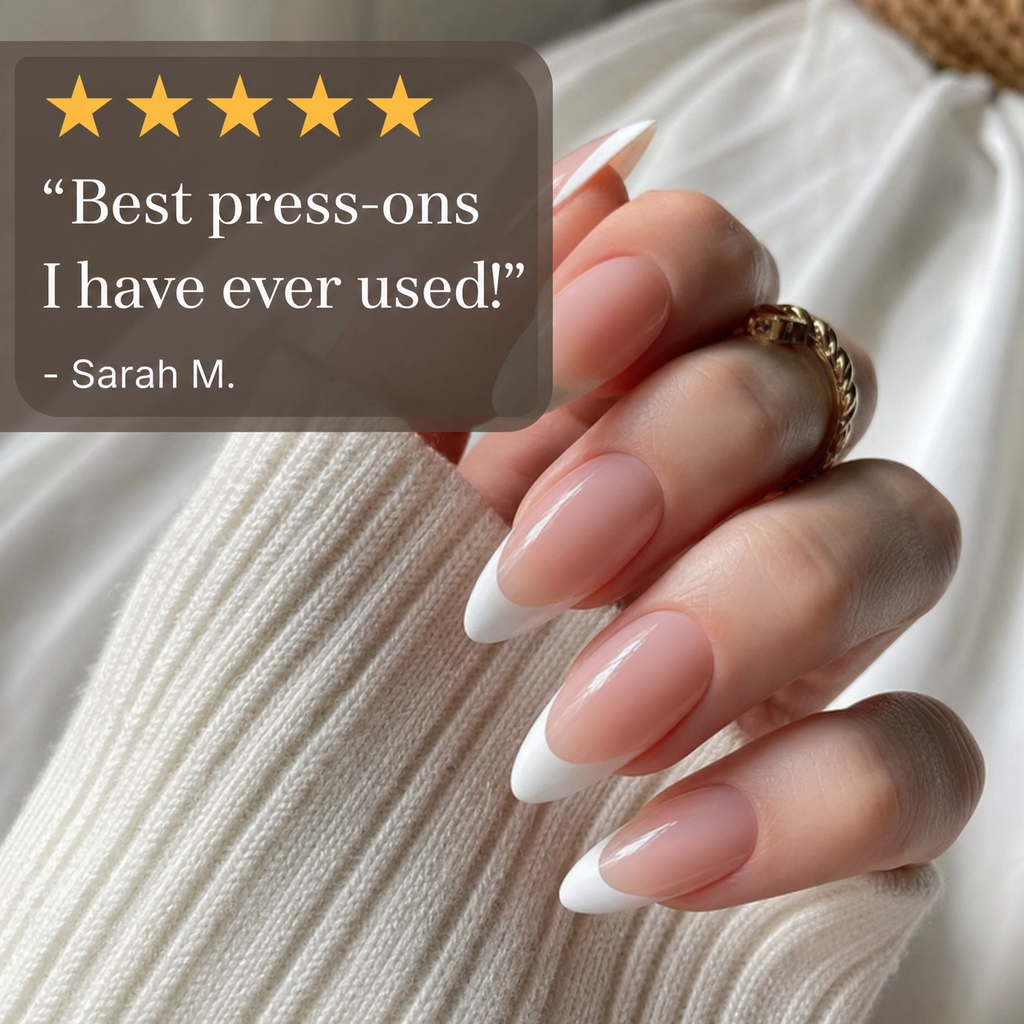 Almond French tip press-on nails on fingers, glossy nude-pink with white curved tips