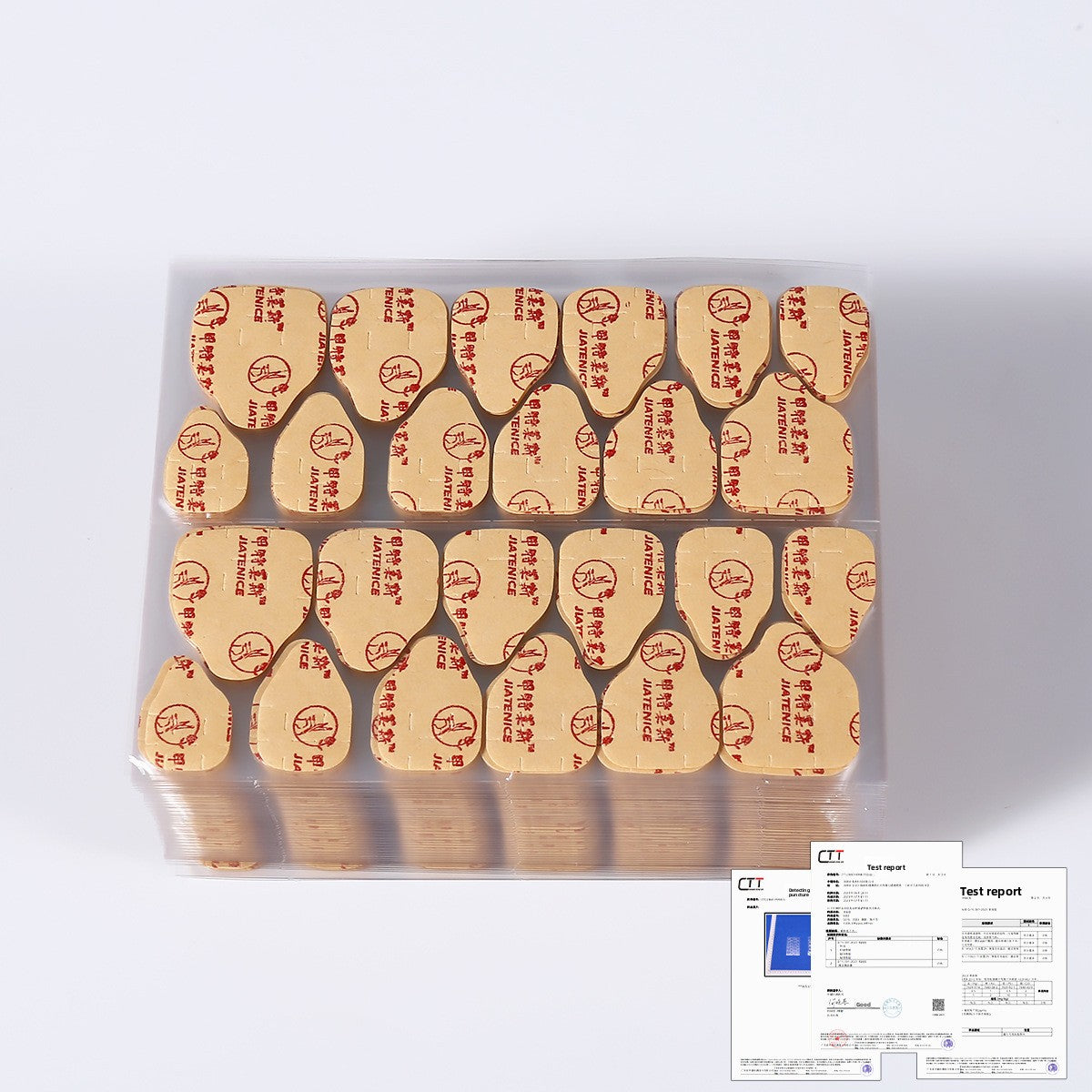 Nail adhesive jelly pads in clear case, warm beige pads with red logo print