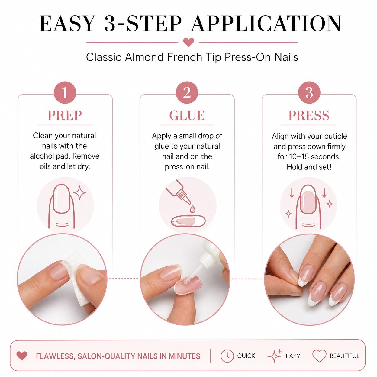 Classic almond French tip press-on nails with glue for DIY application, nude-pink and white