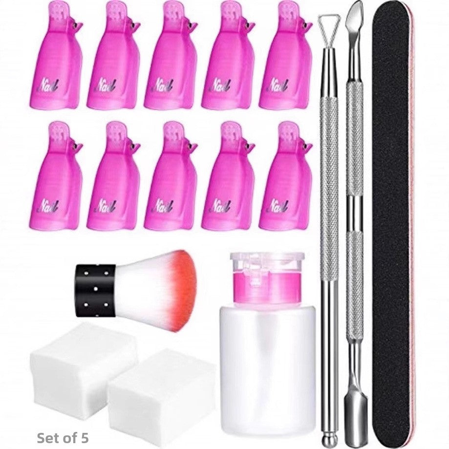 Kit nail art Set of 5 : flacons roses, pinceau, blocs, lime et outils métalliques.
