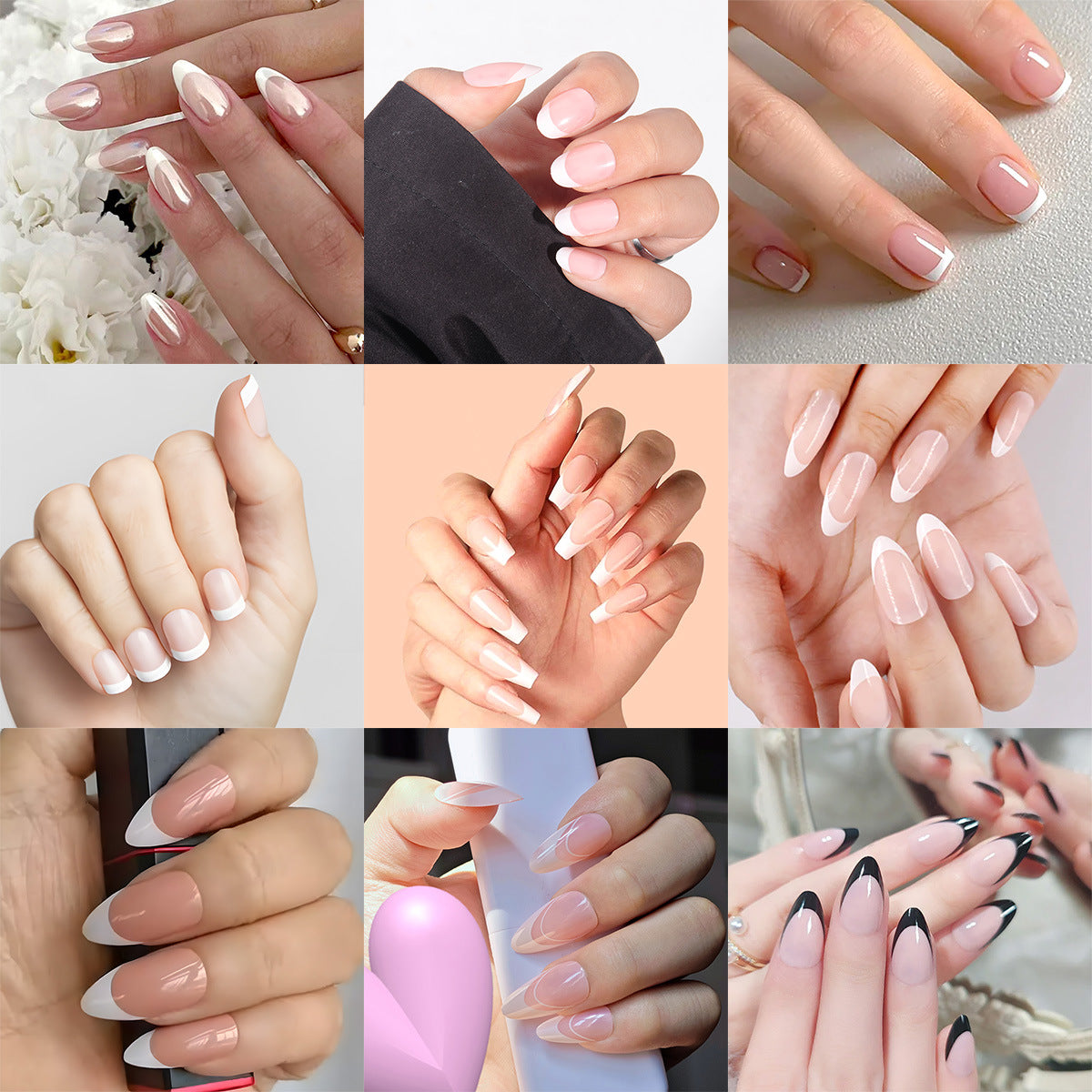 Nude press-on nails with glossy white French tips on long oval shapes