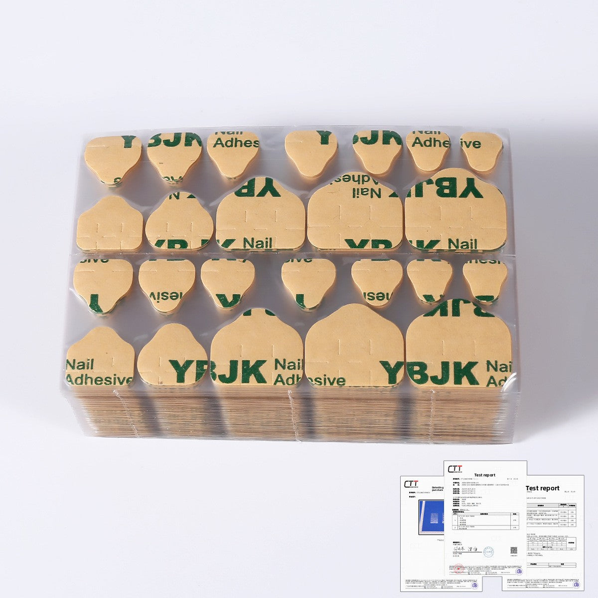 Nail adhesive tips and jelly glue pack, foil tray with YBJK/K labels and report