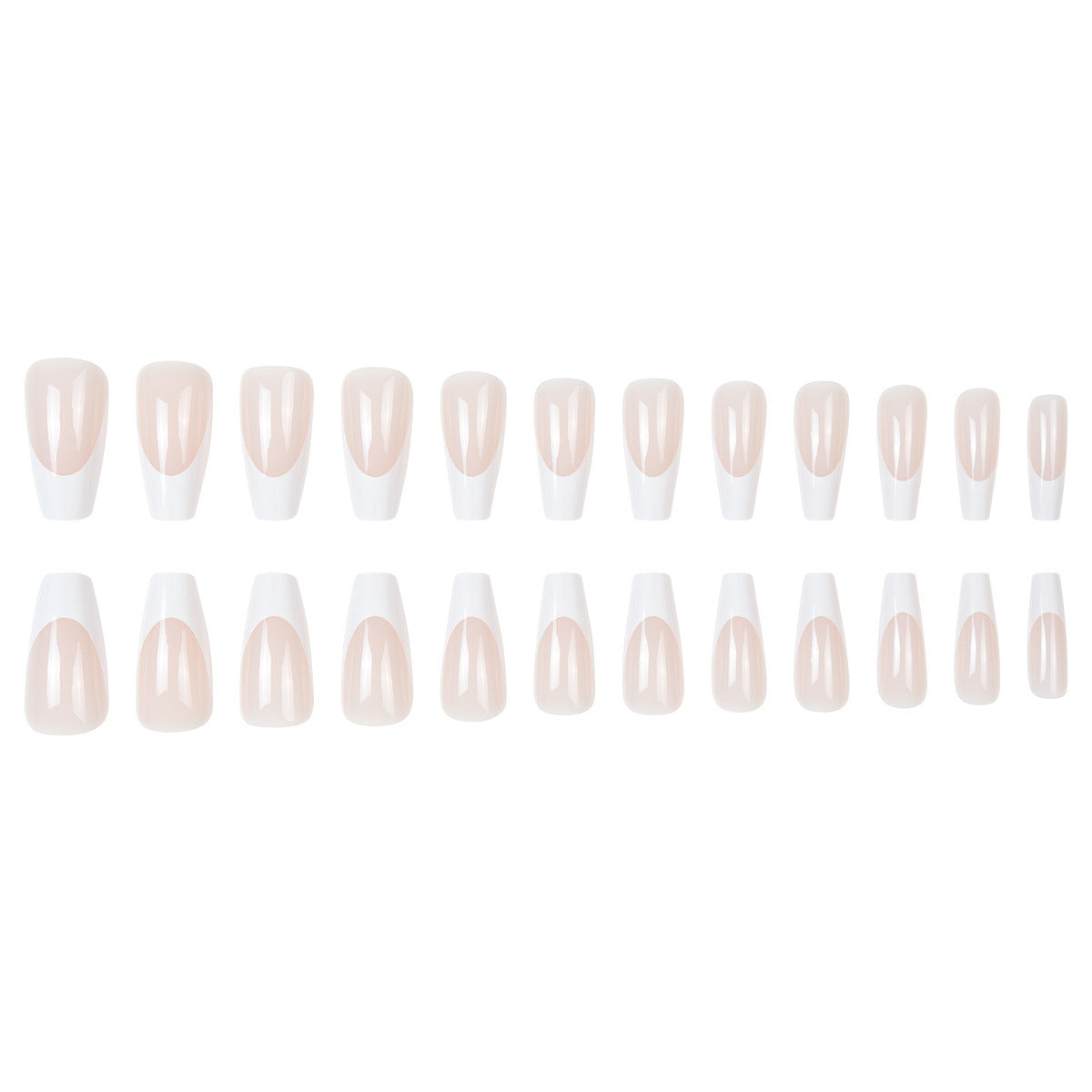 Set of sheer nude press-on tips with white French detailing in oval shapes