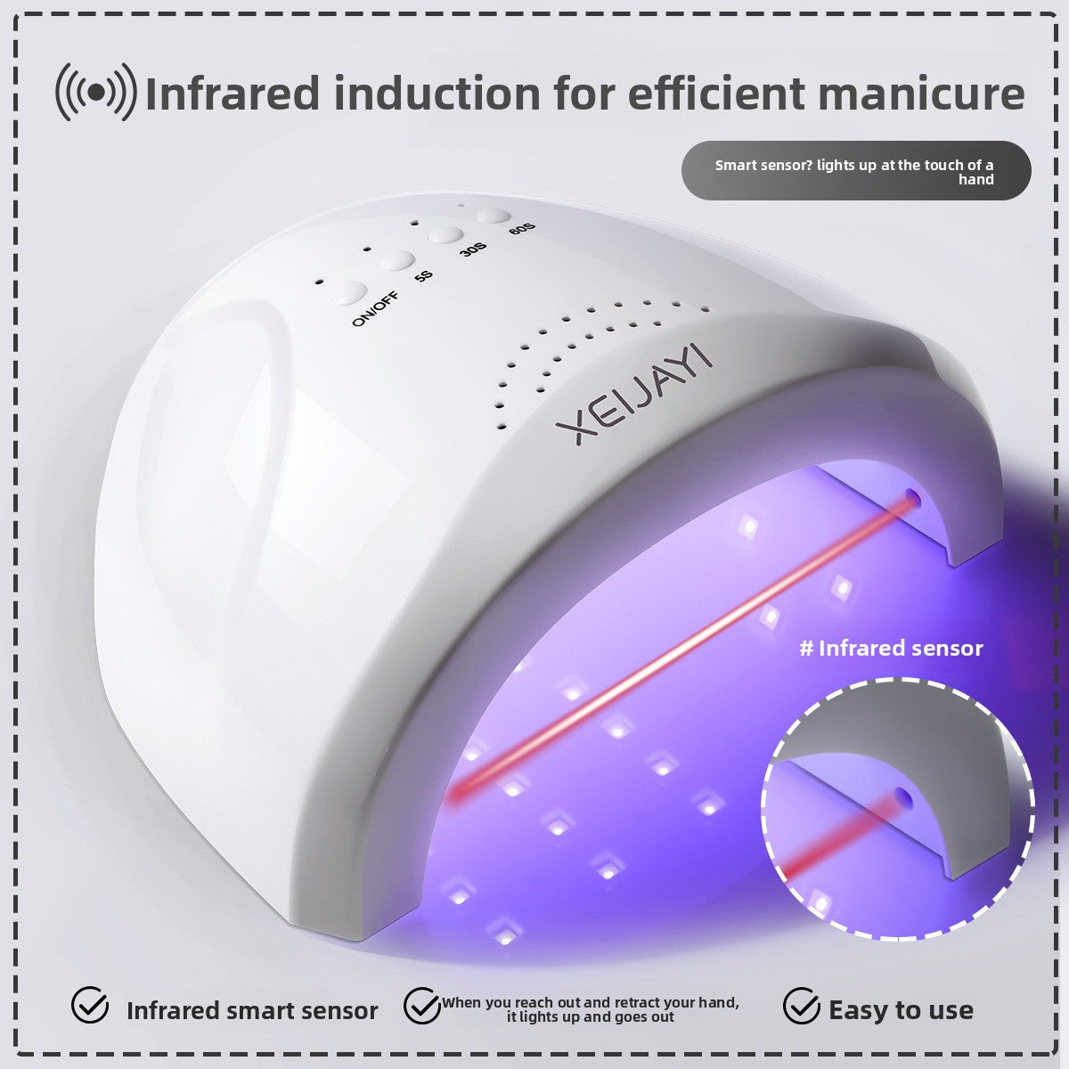 White UV/LED nail lamp with infrared induction sensor and glowing curing LEDs