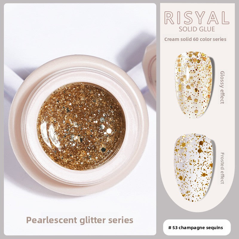 Champagne sequins solid gel polish in a round jar, gold-toned glitter sparkle