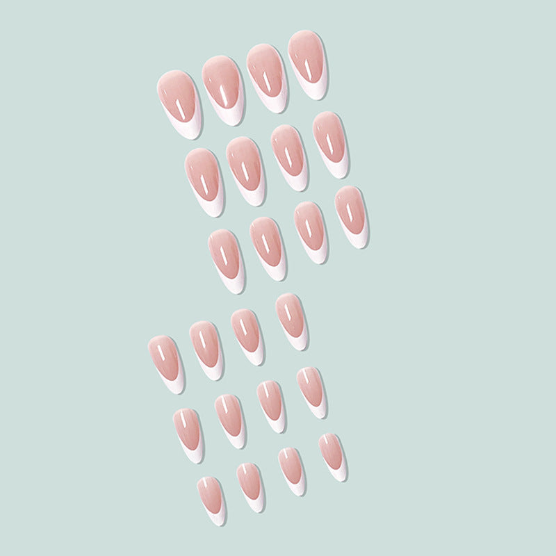 Set of almond press-on nails: transparent pink with white icy French tip accents