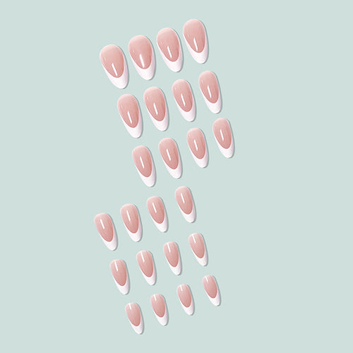 Set of almond press-on nails: transparent pink with white icy French tip accents
