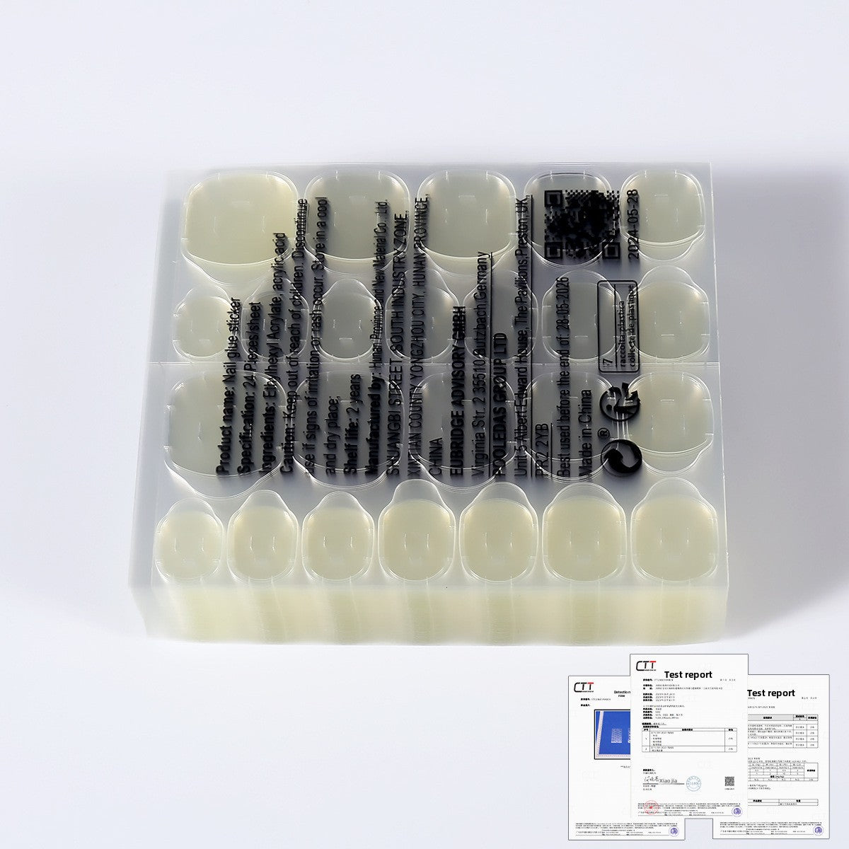 Nail jelly glue kit with pale yellow nail tips and included tools in clear organizer tray