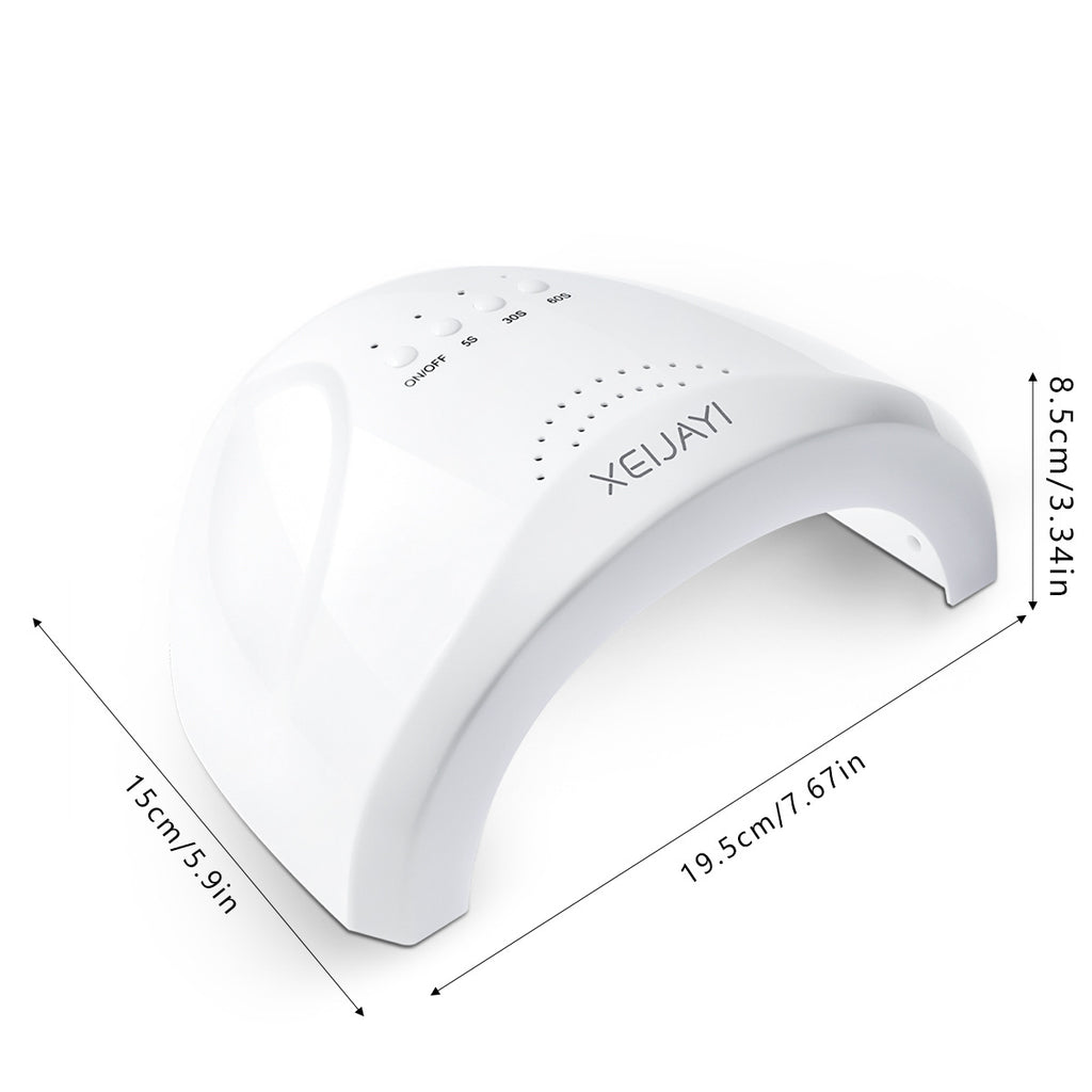White UV/LED nail lamp with size measurements shown in inches and centimeters