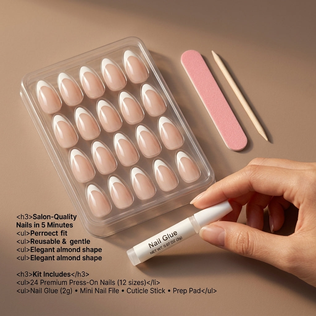 Almond French tip press-on nails set, nude-pink base with white tips and clear backs