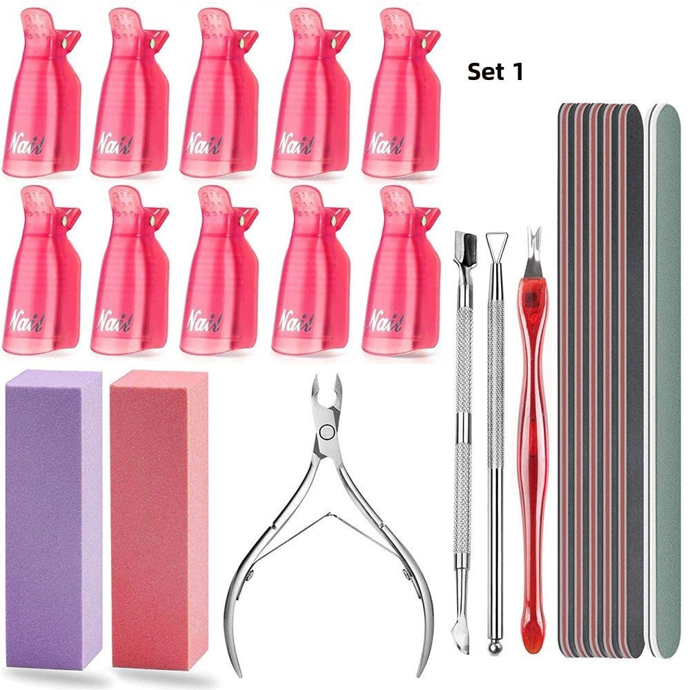 Kit nail art Set 1 : flacons roses, blocs de polissage, pinces et outils métal.