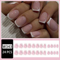 W343 24-piece set: sheer pink press-on nails with white French tips and sparkle dots