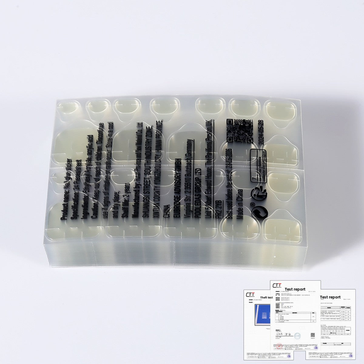 Nail jelly glue kit contents: pale yellow nail tips with black tools in divided tray
