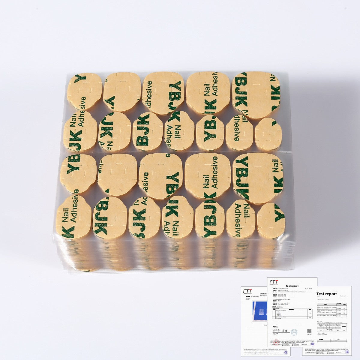 Nail adhesive tips set with jelly glue, foil tray packaging with YBJK/K branding