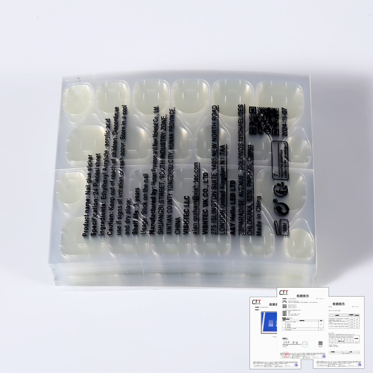 Nail jelly glue set in tray with tools and instruction text on inner panel