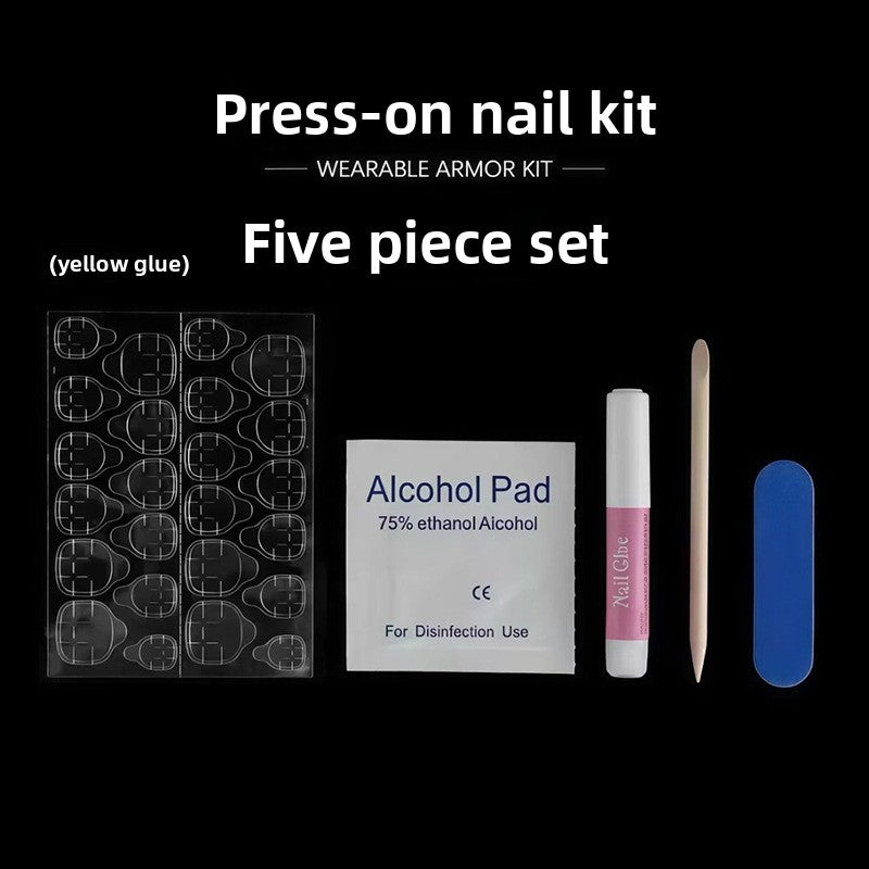 Press-on nail kit with alcohol pad, glue tube, nail tips, blue sanding block, holder