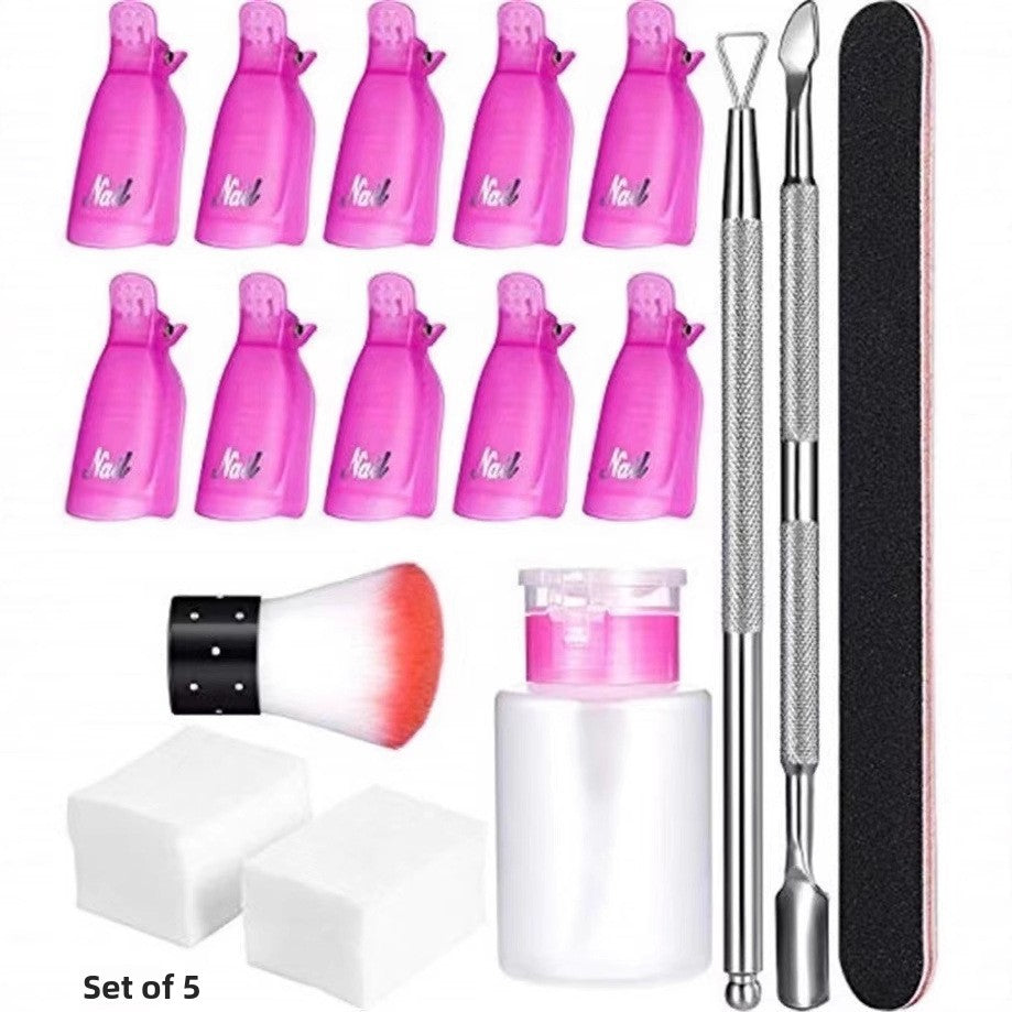 Kit nail art Set of 5 : flacons roses, pinceau, blocs, lime noire et outils métal.