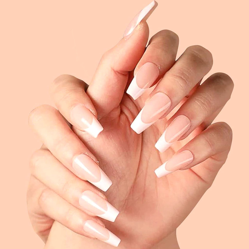Light nude press-on nails with white French tips on long square-oval shapes