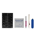 Press-on nail set with alcohol pad, glue, nail tips, and blue file block