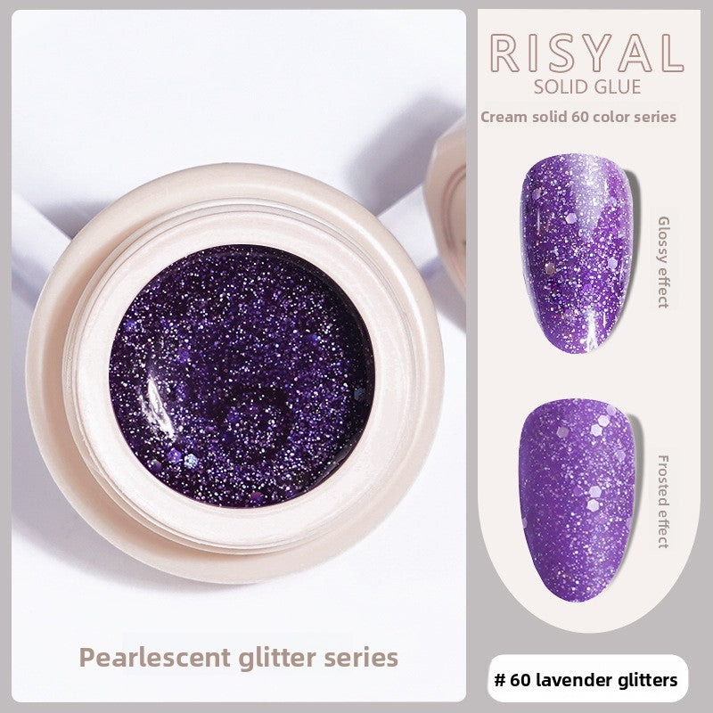 Lavender glitter solid gel polish in a round jar, purple with fine sparkling glitter