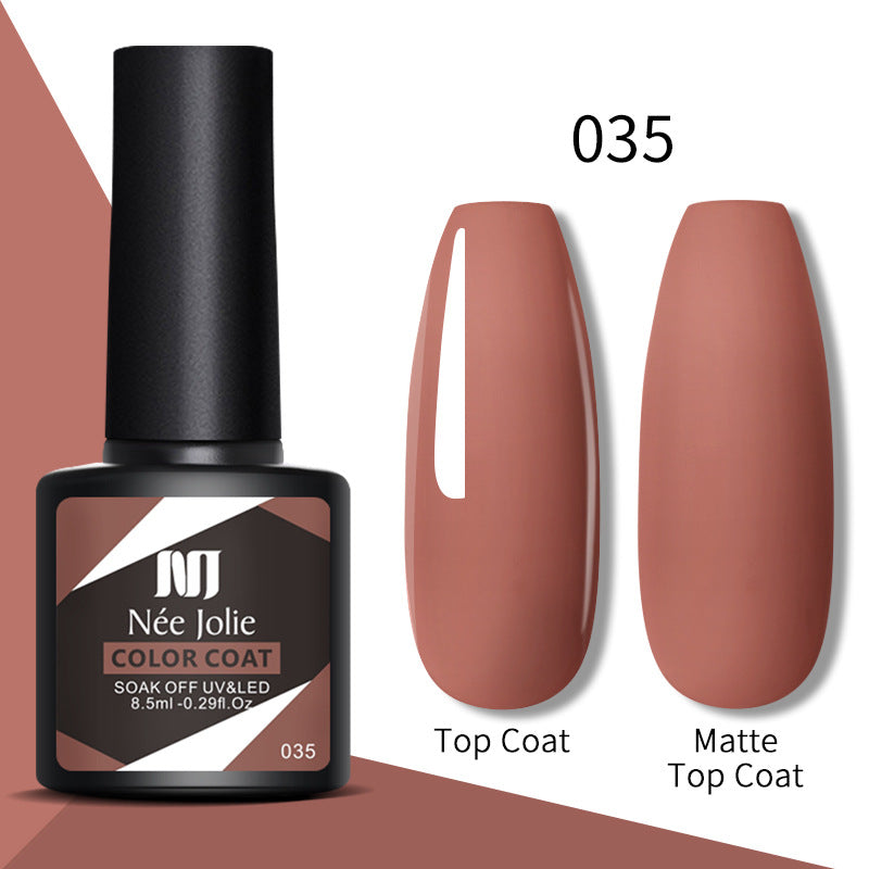 Gel nail color coat 035 with top coat and matte top coat, muted coral swatches and bottle