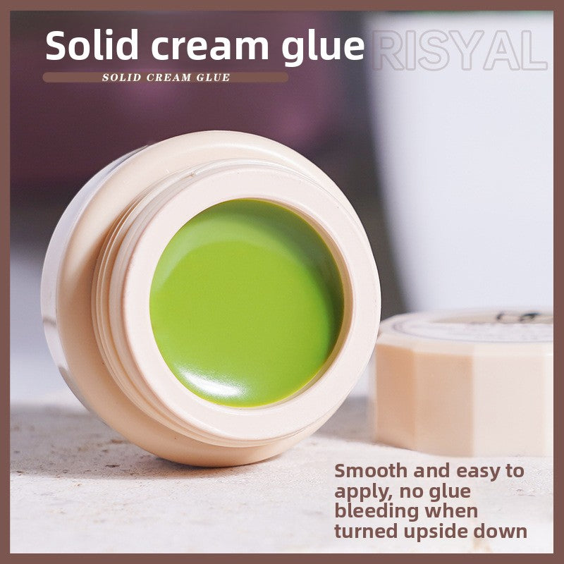 Solid cream nail glue jar with lime-green glossy cream gel