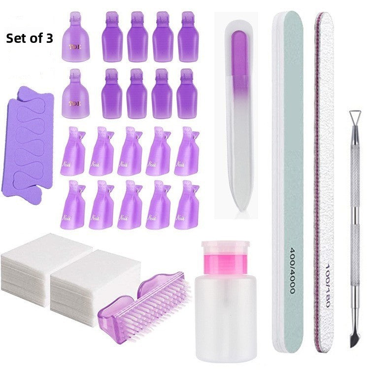 Kit nail art Set of 3 : assortiment flacons violets, blocs blancs, limes et outils.