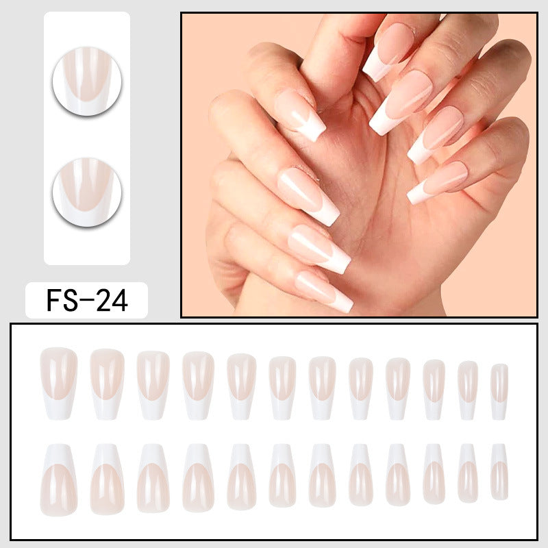 FS-24 sheer nude press-on nails with white French tips and curve detail