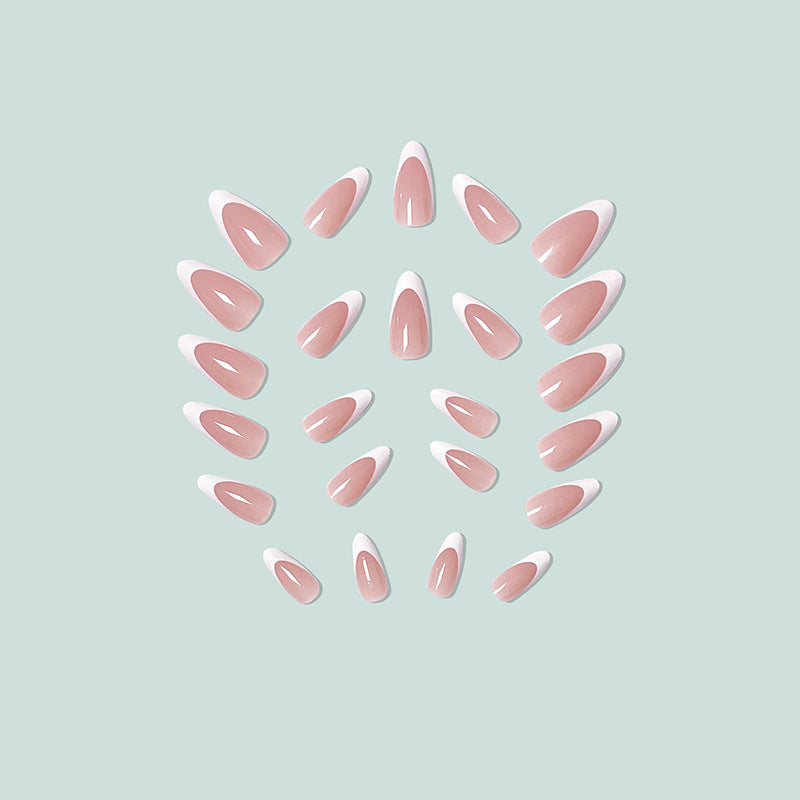 Almond French press-on nail set with clear rose base and white icy tips