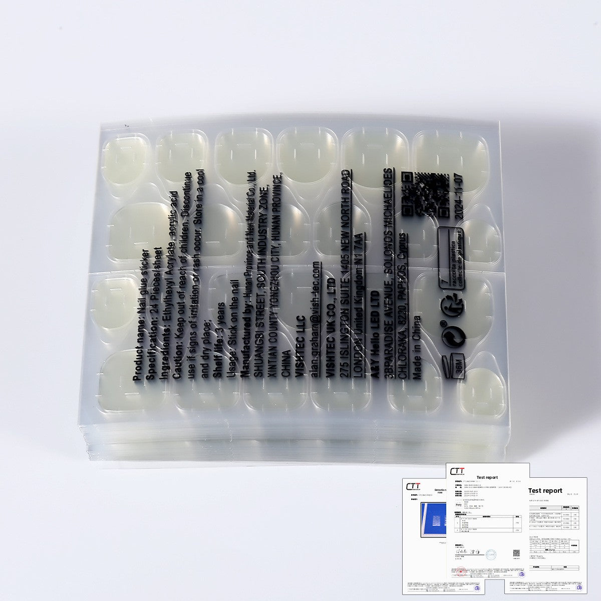Nail jelly glue kit in clear tray with tools and printed instructions panel